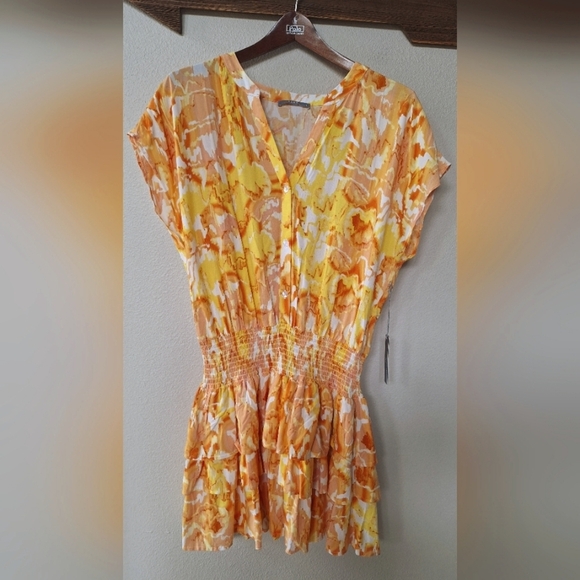 NWT Tart Kallie Sunset Ruffled Smocked Yellow/Orange Mini Dress Womens Size M - Picture 1 of 8